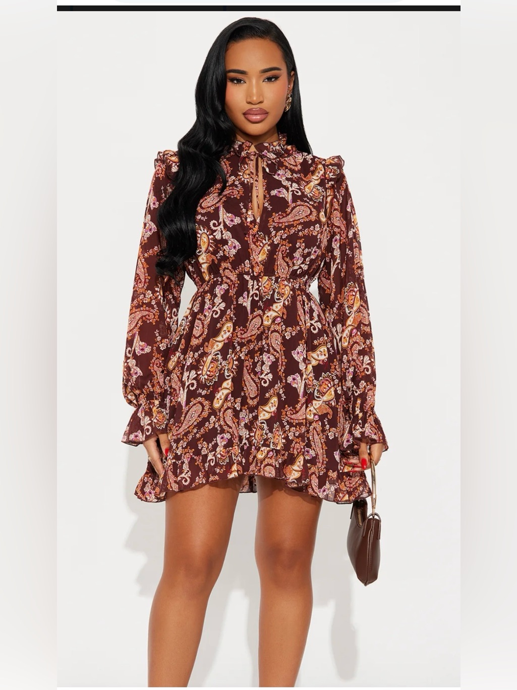 Fashion Nova Brown Paisley Pattern Ruffle Long-Sleeve Dress High Neckline